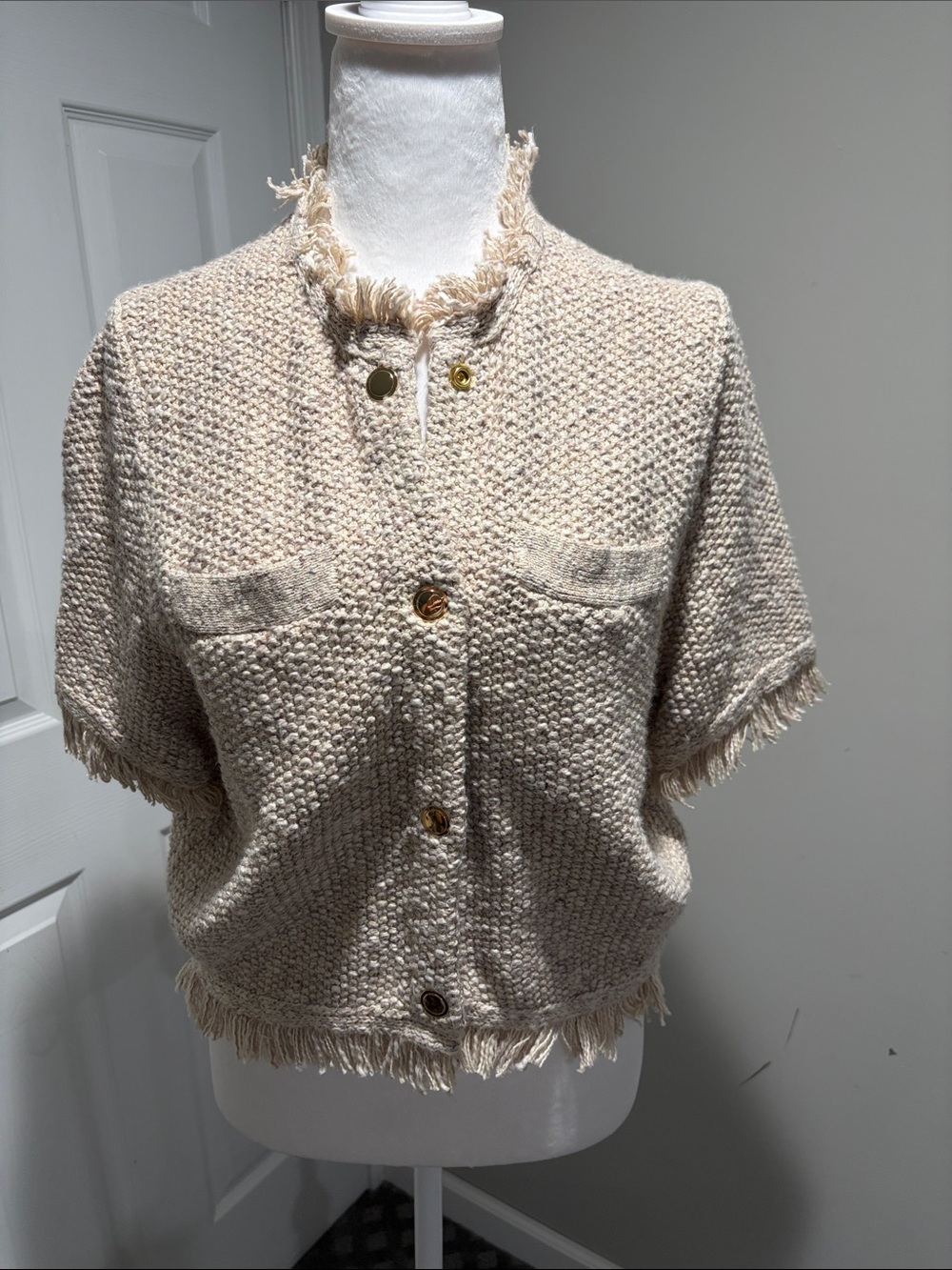 J. Crew Cream Bouclé Short-Sleeve Fringe Sweater Jacket
